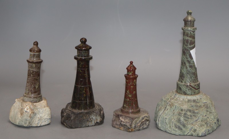 Four Cornish serpentine models of lighthouses, 11 - 19cm